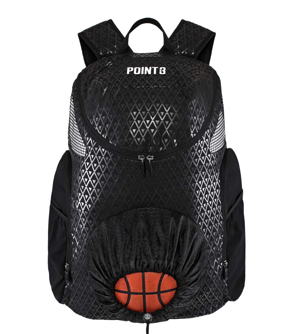 POINT3 Basketball Backpack 2.0 - Sports Gym Bag with Shoe Compartment & Drawstring Ball Pocket for Basketball, Soccer, Volleyball | Water Bottle Holder & Clothes Storage | Durable Travel Backpack for Men & Women (Black) - Perfect for Gym, School, Sports Practice & Travel