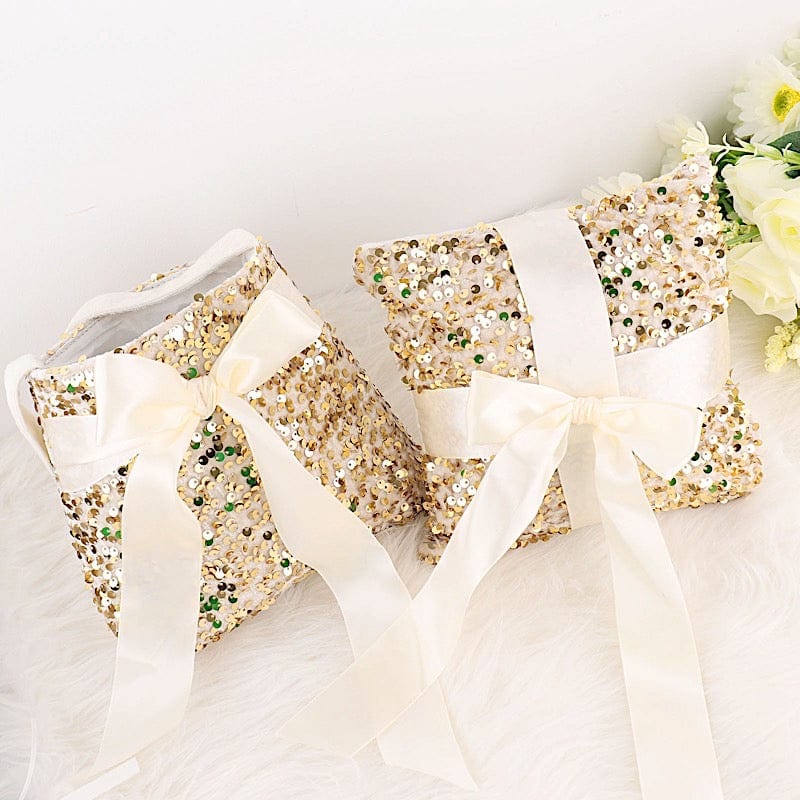 Velvet Flower Girl Basket with Sequin and Ring Bearer Pillow Set - Ivory & Champagne Wedding Accessories for Bridal Party, Flower Girls, and Ring Bearers - Perfect for Weddings, Bridal Showers, and Special Occasions