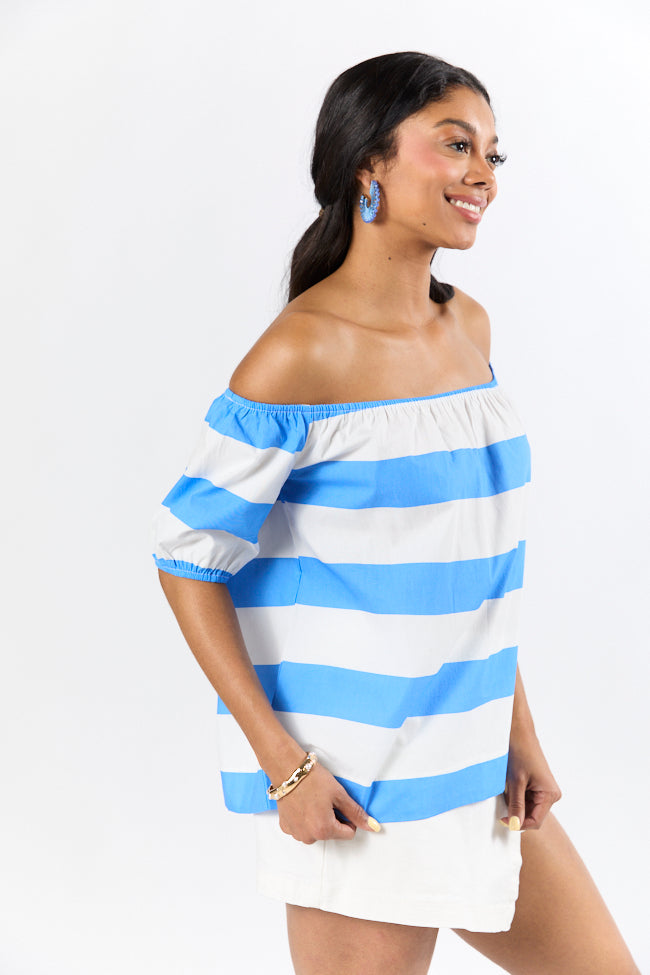Never Want To Leave Blue Oversized Stripe Off The Shoulder Top - Women's Fashion Trendy Casual Blouse for Summer Beach & Date Night Outfits