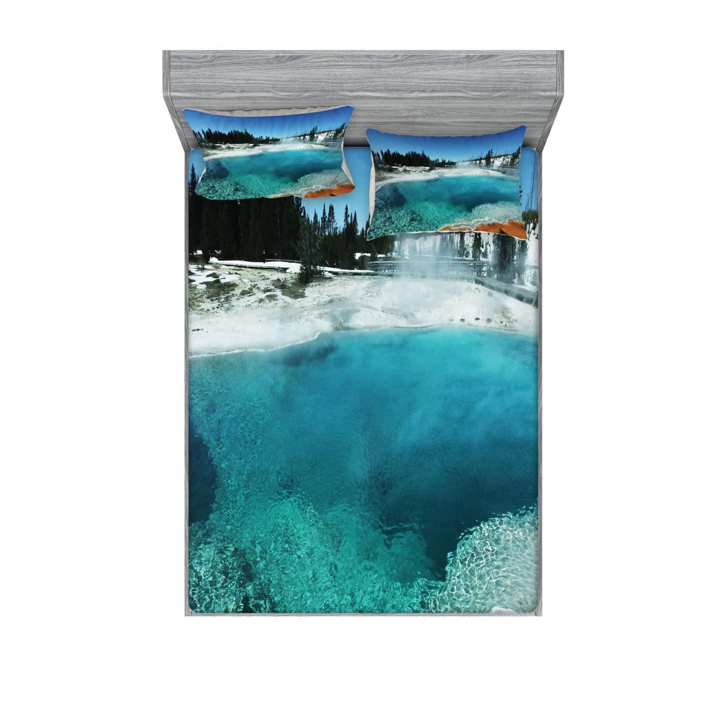 Ambesonne Yellowstone 2-Pack Queen Size Fitted Sheet & Pillow Sham Set - Snowy Forest Pool Design, 4-Piece Bedding Set (2 Fitted Sheets & 4 Pillow Covers) in Turquoise Blue - Perfect for Cozy Cabins, Rustic Bedrooms & Nature-Inspired Home Decor