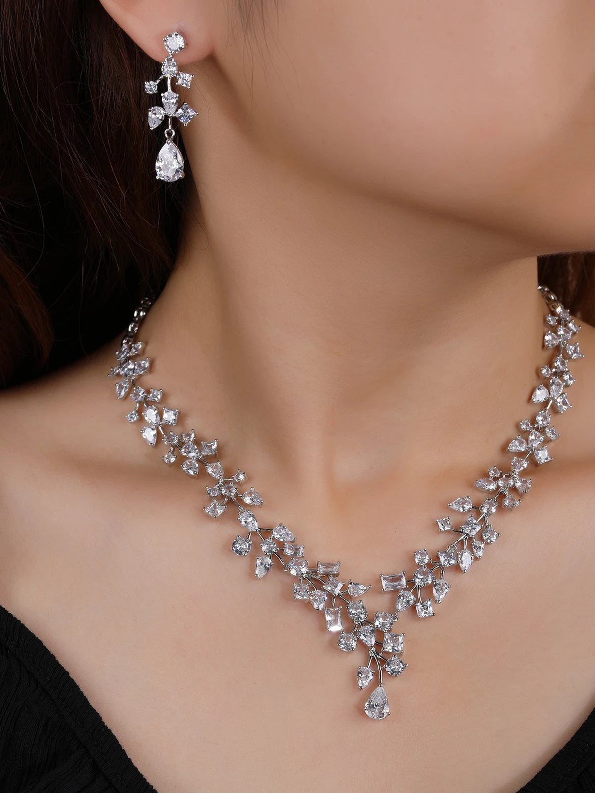 Elegant CZ Necklace and Earrings Jewelry Set for Women - Bridal Wedding Party Accessories - European Style Crystal Jewelry - Perfect for Prom, Evening Dresses & Special Occasions