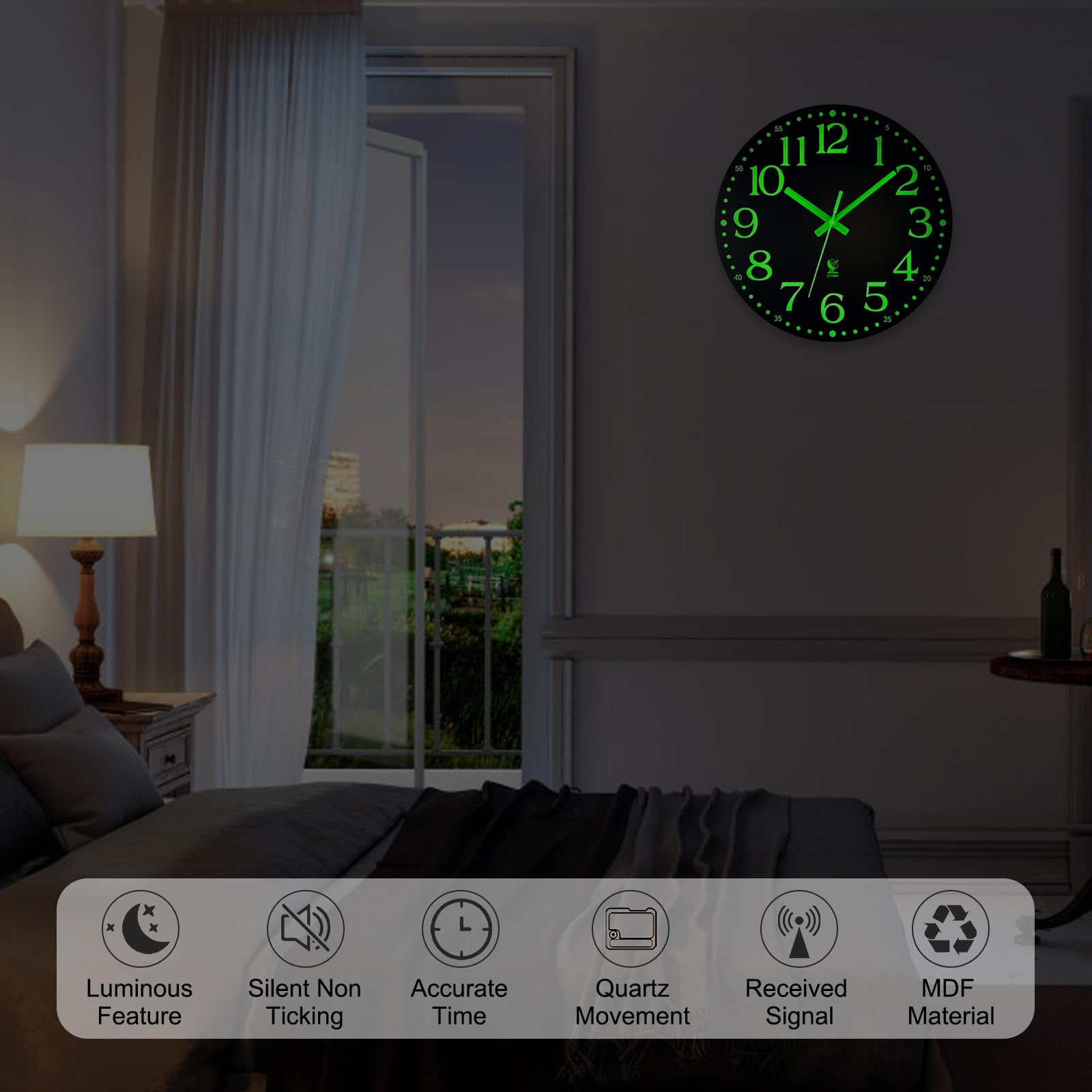 12 Inch Silent Atomic Wall Clock with Glow in Dark - Battery Operated, Radio Controlled, Auto Time Sync - Perfect for Living Room, Bedroom & Office Decor