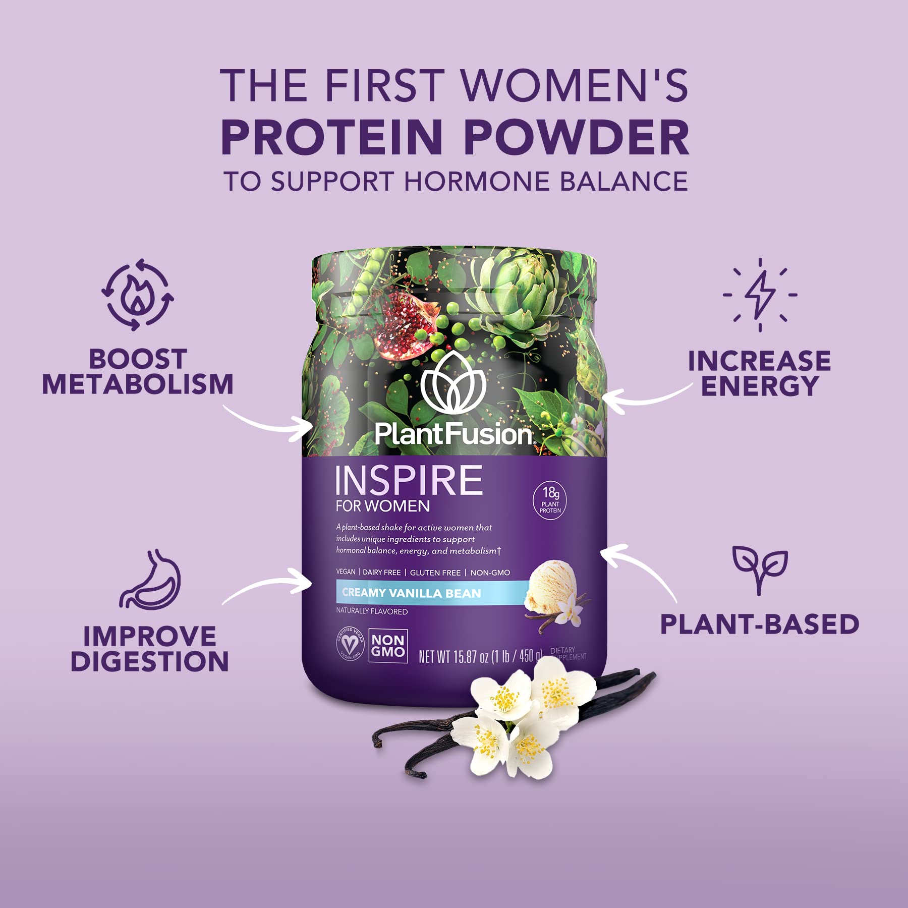 PlantFusion Inspire Plant Protein Powder for Women - Low Carb Vegan Protein Powder for Lean Muscle & Weight Management - Keto Friendly, Gluten Free, Soy Free, Dairy Free, Sugar Free, Non-GMO - Creamy Vanilla Bean Flavor (1 lb) | Perfect for Post-Workout Recovery, Smoothies & Healthy Meal Replacement
