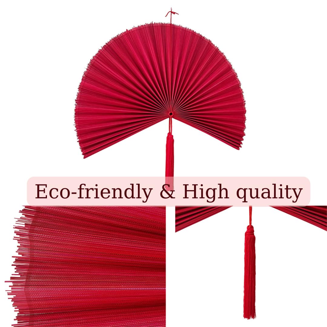 Large 60in Handmade Bamboo Wall Fan - Foldable Boho Decor for Bedroom, Over Bed Headboard & Living Room - Red Decorative Wall Fan for Home & Office Interior Design