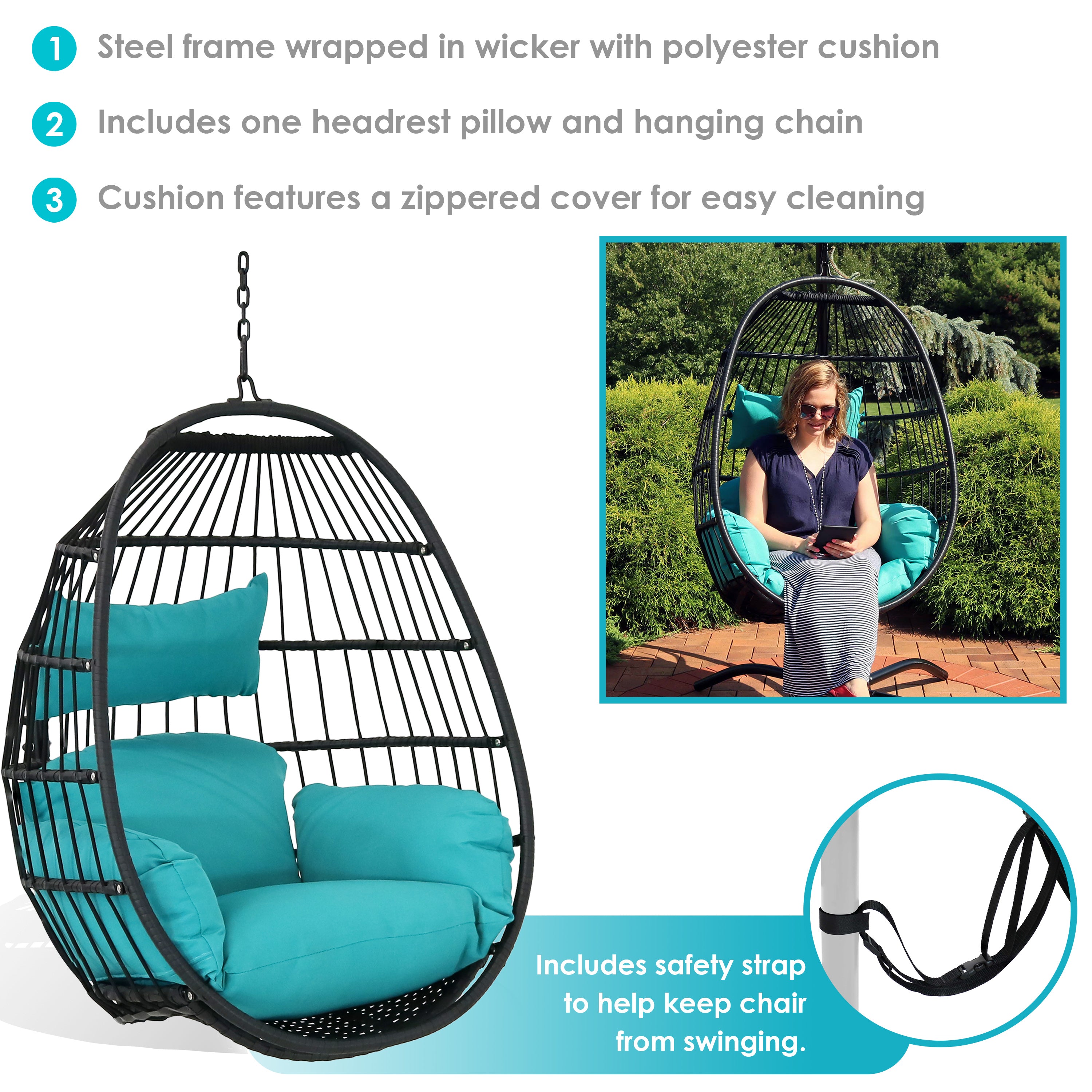 Sunnydaze Dalia Outdoor Hanging Egg Chair with Comfortable Seat Cushions - Perfect for Patio, Garden, Backyard Relaxation & Boho Decor