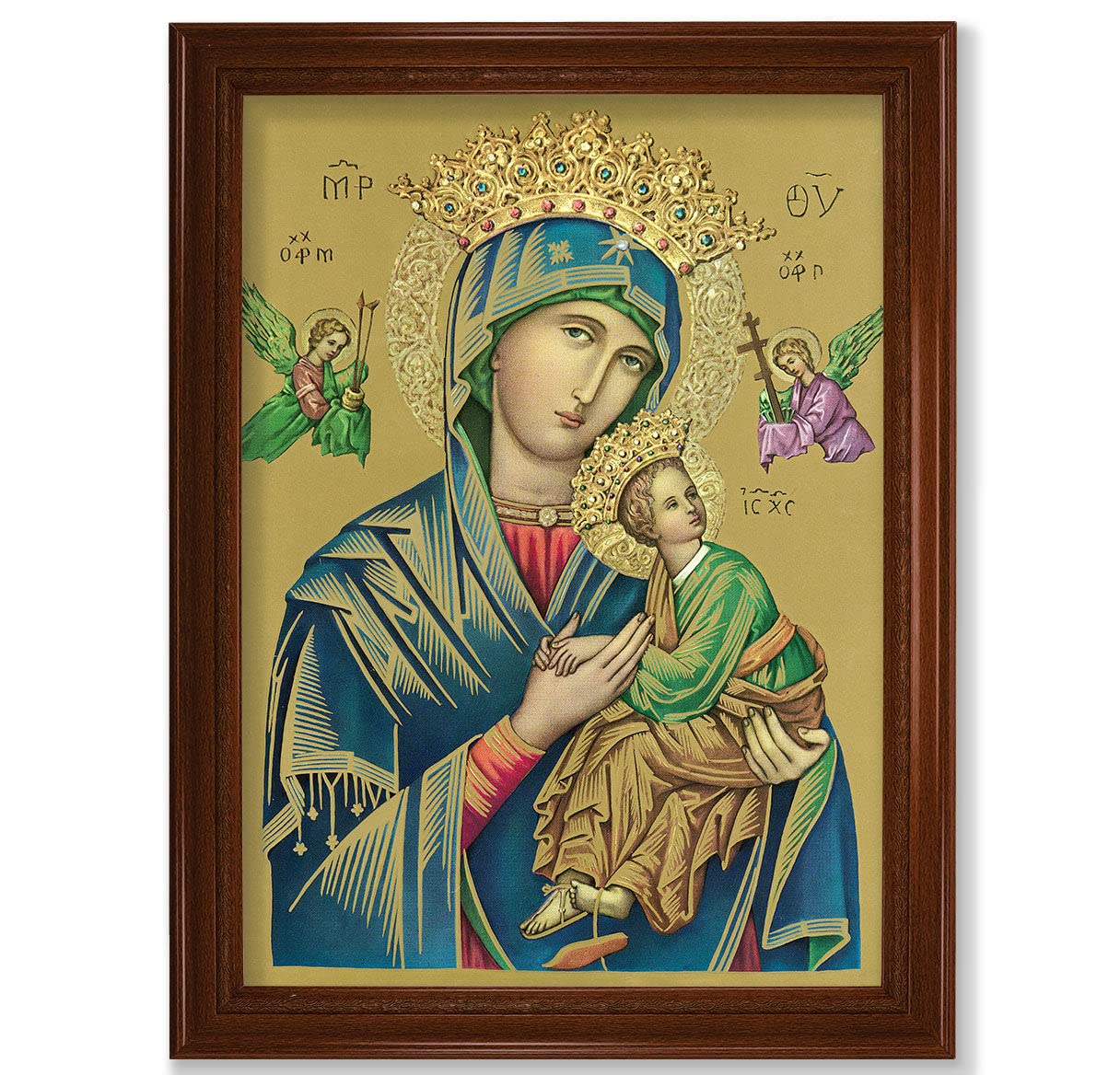 Our Lady of Perpetual Help Framed Wall Art - Extra Large Catholic Religious Painting with Natural Walnut Wood Frame & Fluted Detailing - Perfect for Home Chapel, Church Decor or Spiritual Gift