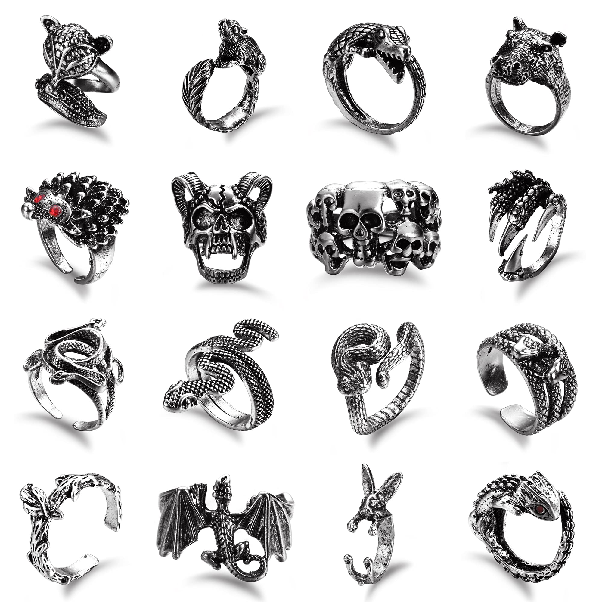 16Pcs Gothic Open Rings Set for Men & Women - Punk Adjustable Snake Dragon Claw Animal Rings - Vintage Goth Skull Rings - Perfect for Punk Fashion, Indie Aesthetic & Gothic Jewelry Collection