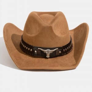 Western Cowboy Hat with Tan Studded Bull Head Strap - Perfect for Rodeo, Country Music Festivals & Western Fashion