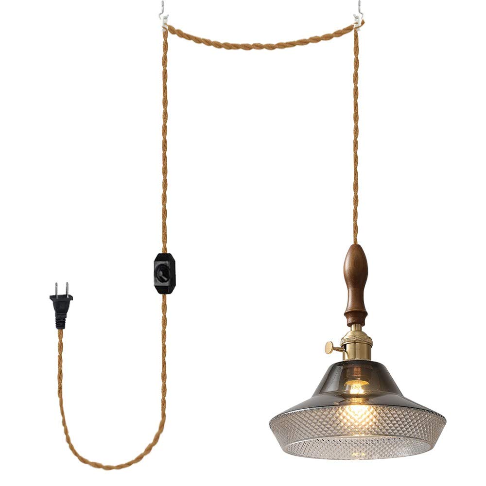 Nordic Style 15ft Brown Twisted Cord Pendant Light with E26 Base & Dimmer Switch - Grey Glass Shade for Loft, Restaurant, Laundry Room & Bar Decor (Bulb Not Included) | Modern Industrial Lighting Fixture for Kitchen Island, Dining Room & Commercial Spaces