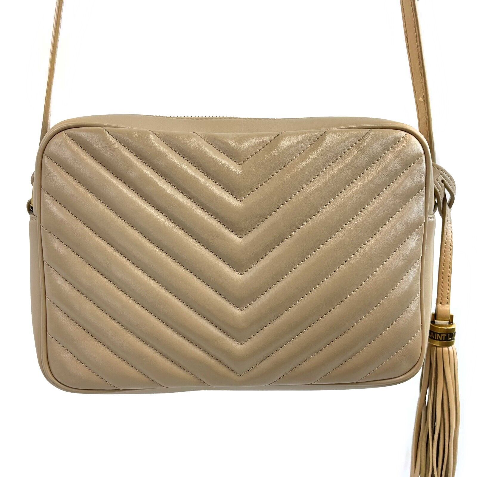 Saint Laurent YSL Beige Chevron Small Camera Bag with Tassel - Luxury Crossbody Purse for Women | Perfect for Date Night, Travel & Everyday Use