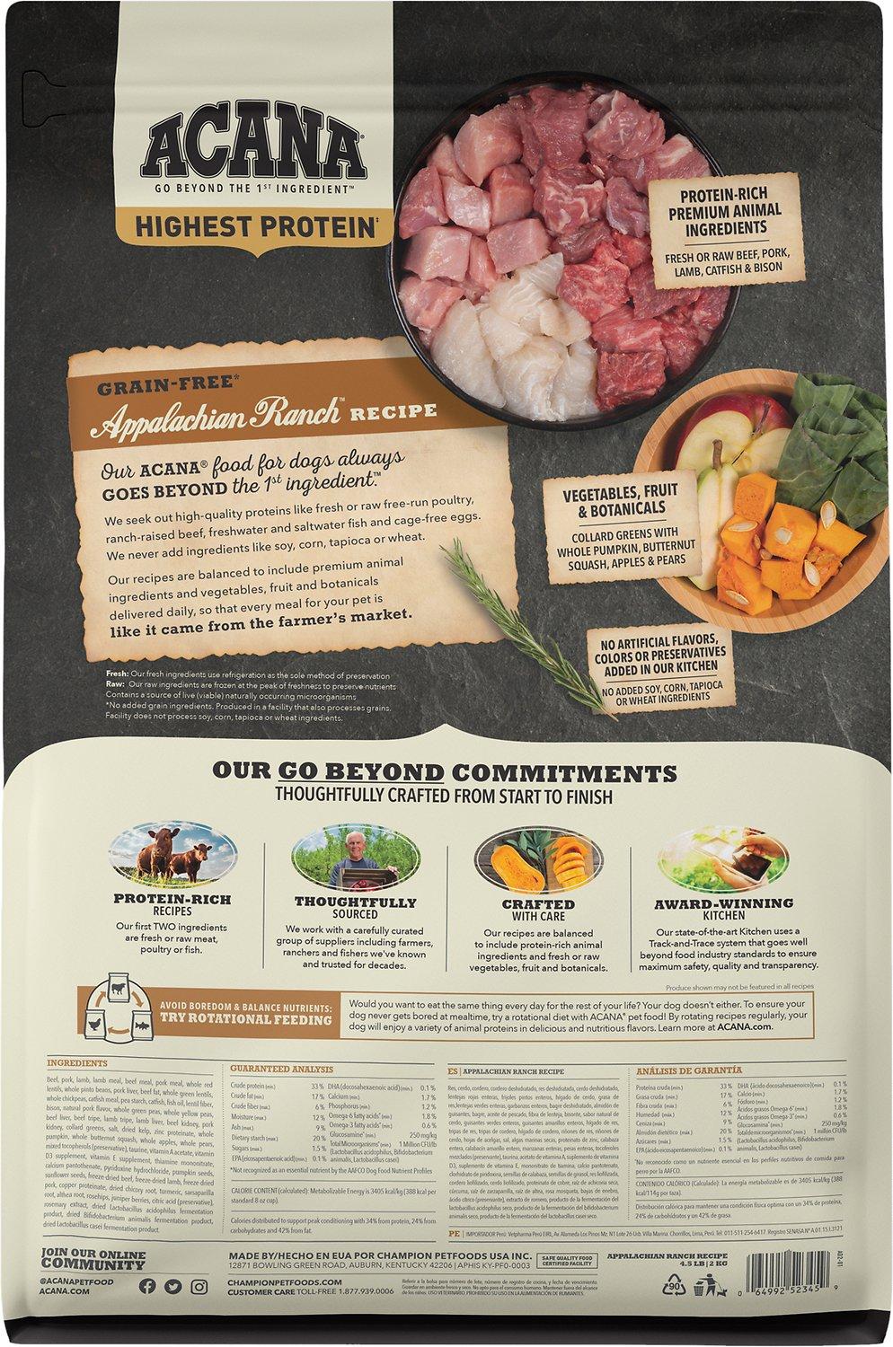 Acana Highest Protein Grain Free Dry Dog Food for Large Breeds - Appalachian Ranch Recipe - Premium Kibble for Active Dogs & Outdoor Adventures