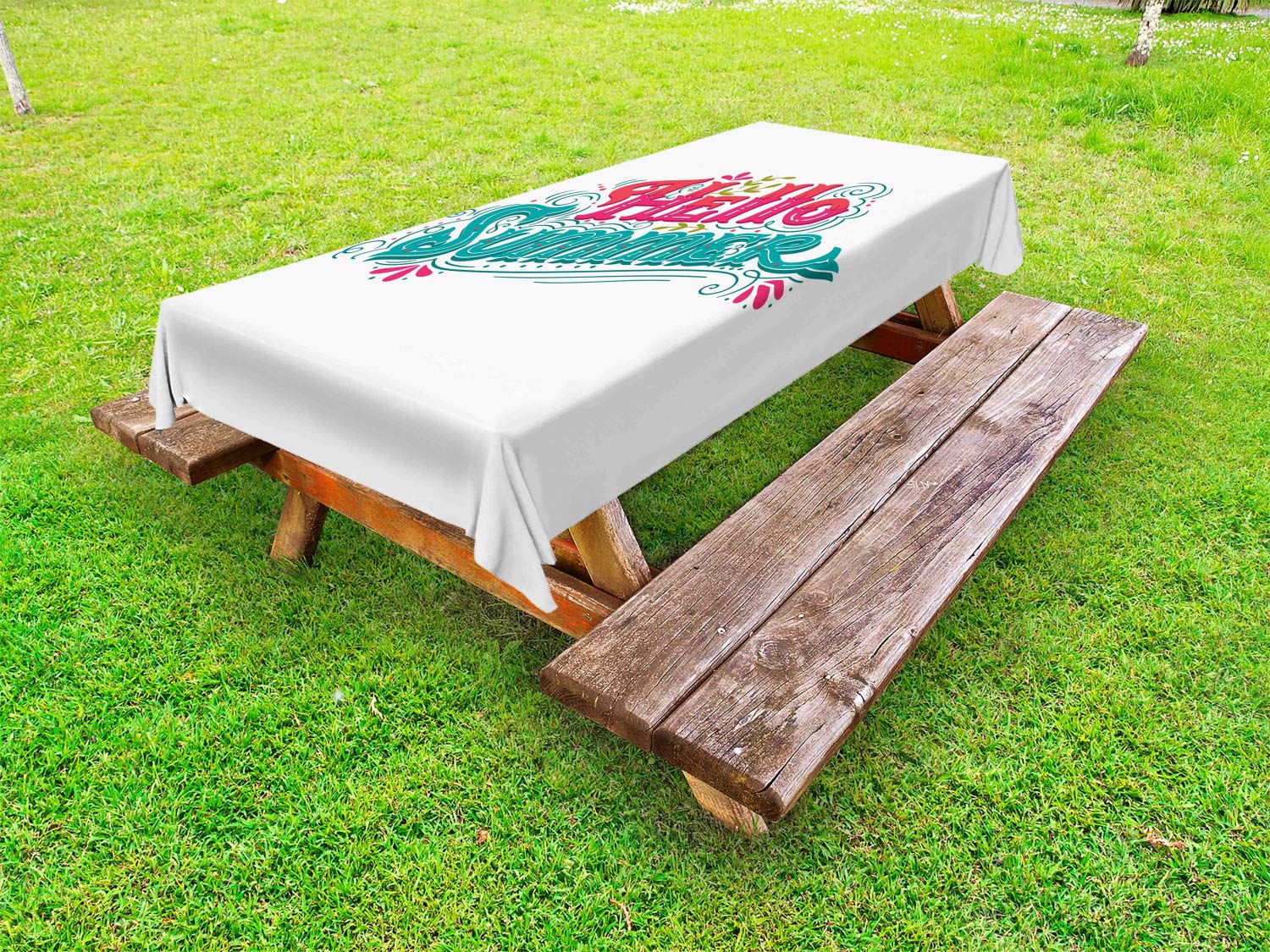 Ambesonne Hello Summer Outdoor Tablecloth - Vintage Calligraphy Floral Design, Washable Picnic Table Cover 58x120 Inches, Sea Green & Magenta - Perfect for Beach Parties, Garden Gatherings & Outdoor Dining