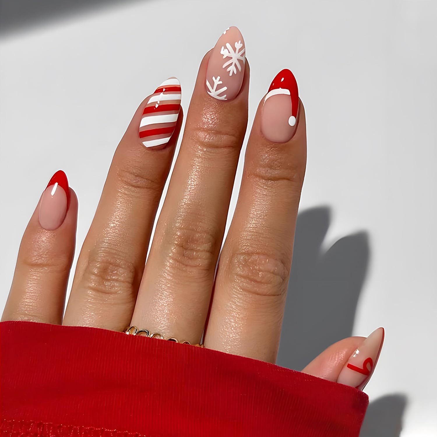 24Pcs Winter Press on Nails - Snowflake Design Medium Almond Fake Nails with Glue | Christmas French Tip Acrylic False Nails | Perfect for Holiday Parties, Gift Giving & Festive Nail Art