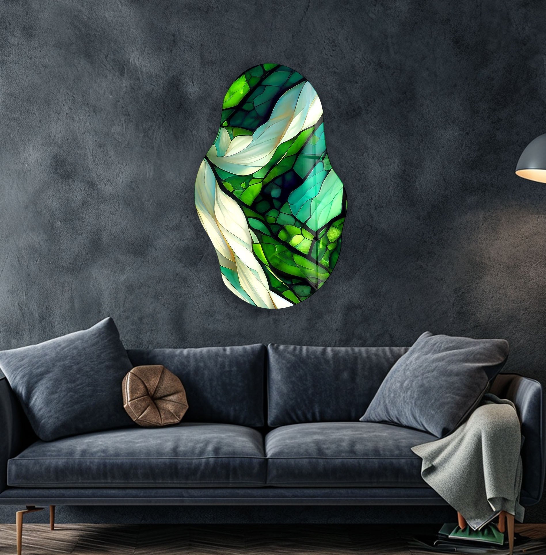 Handmade Asymmetrical Green Stained Glass Wall Art Decor - Modern Abstract Leaf Design for Living Room, Bedroom, Office & Gift Ideas