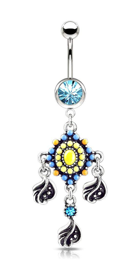 Surgical Steel Tribal Belly Button Ring - Colorful Forbidden Body Jewelry with Decorative Dangle | Perfect for Piercing, Belly Dance & Festival Outfits