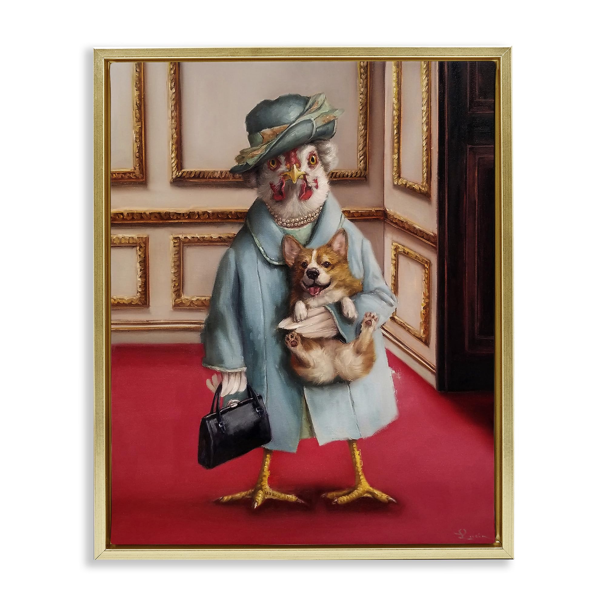 Stupell Industries Queen Chicken with Corgi - Regal Animal Humor Wall Art by Lucia Heffernan - Perfect for Farmhouse Decor, Pet Lover Gifts & Funny Kitchen Wall Decor