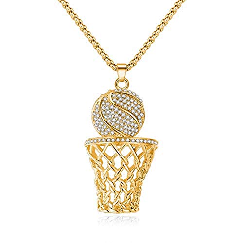 Ice City Basketball Chain - 24 Inch Stainless Steel Basketball Hoop Pendant Necklace for Men in Gold & Silver | Hip Hop Rapper Jewelry Gift for Basketball Fans & Players