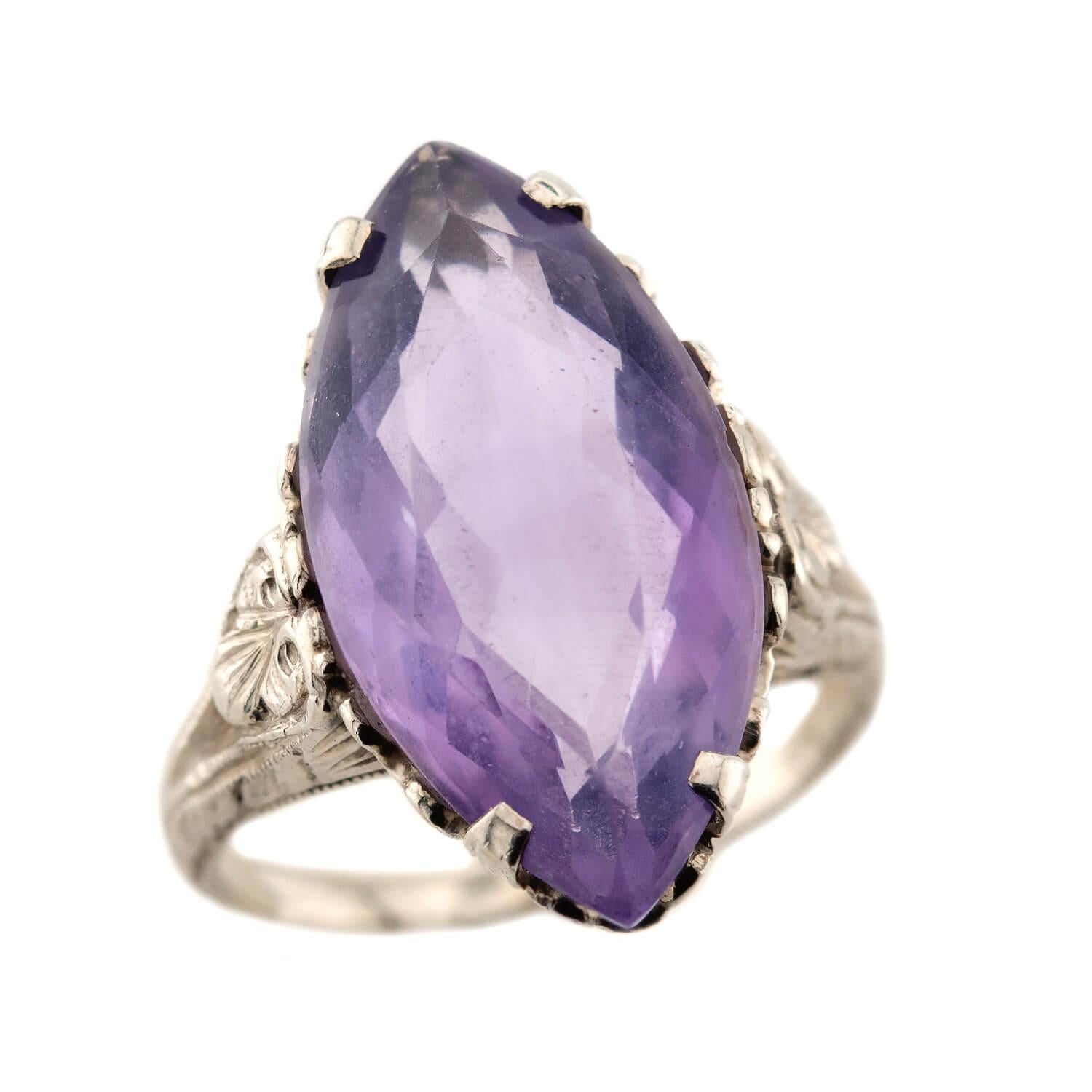 Vintage Art Deco 14K Gold Amethyst Navette Ring - Elegant Statement Jewelry for Weddings, Parties & Special Occasions
