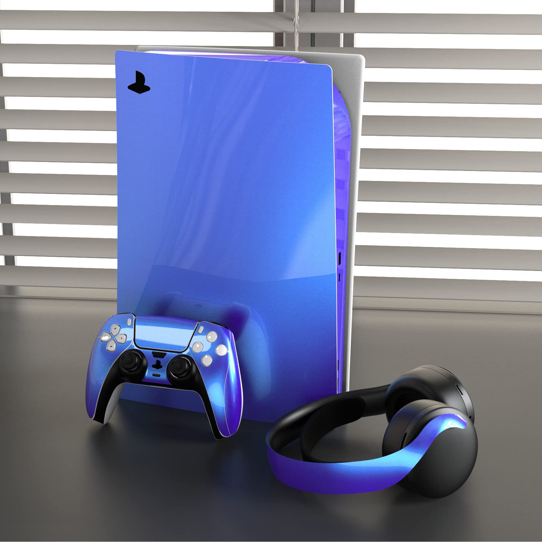 PlayVital Chrome Purple Blue Glossy Full Skin Decal Set for PS5 Console Disc Edition - Vinyl Sticker Cover for PS5 Controller, Charging Station, Headset & Media Remote - Perfect for Gaming Setup & Customization