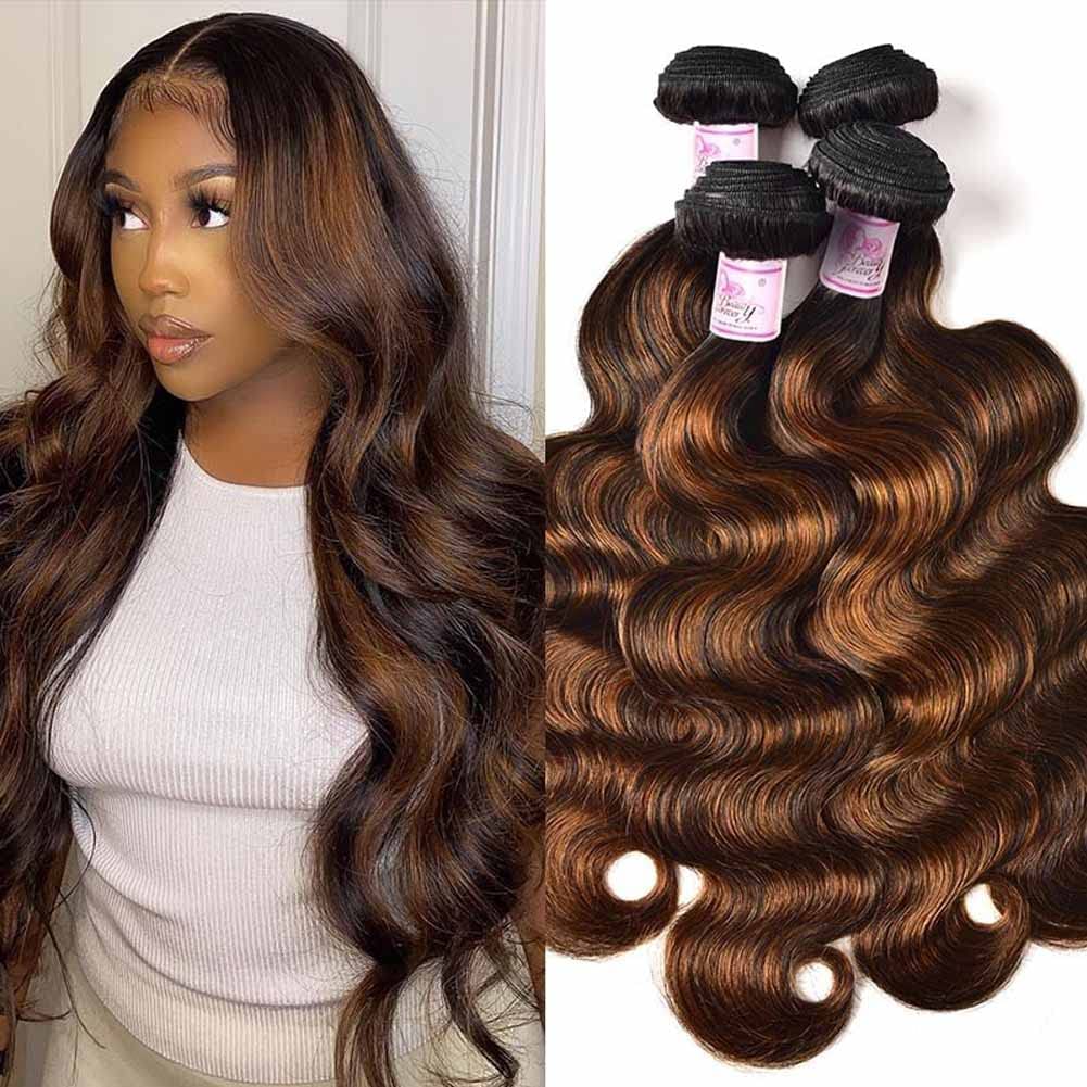 Beauty Forever Ombre Highlight Brazilian Body Wave Virgin Hair Extensions - 4 Bundles (24/26/28/30 Inch) | Ombre Blonde Remy Human Hair Weaves | Natural Wavy Hair for Styling & Volume | Perfect for Parties, Weddings & Daily Wear