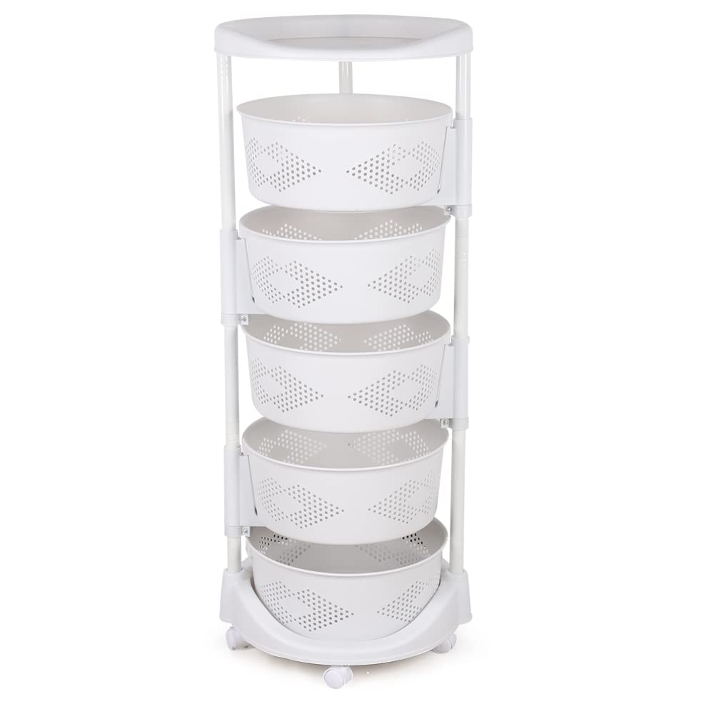 Kaibrite 5-Layer Rotating Kitchen Storage Rack with Wheels, Multi-Layer Revolving Basket Shelf for Kitchen, Bathroom, Laundry Room, Garage, White - Perfect for Organizing Spices, Cleaning Supplies, and Pantry Items