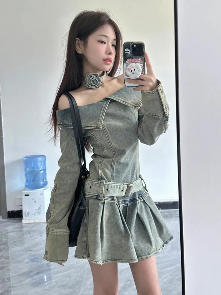 Vintage Chic Slash Neck Long Sleeve Mini Denim Dress for Women - Washed Casual Spring Fashion - Perfect for Date Night, Brunch & Weekend Outings