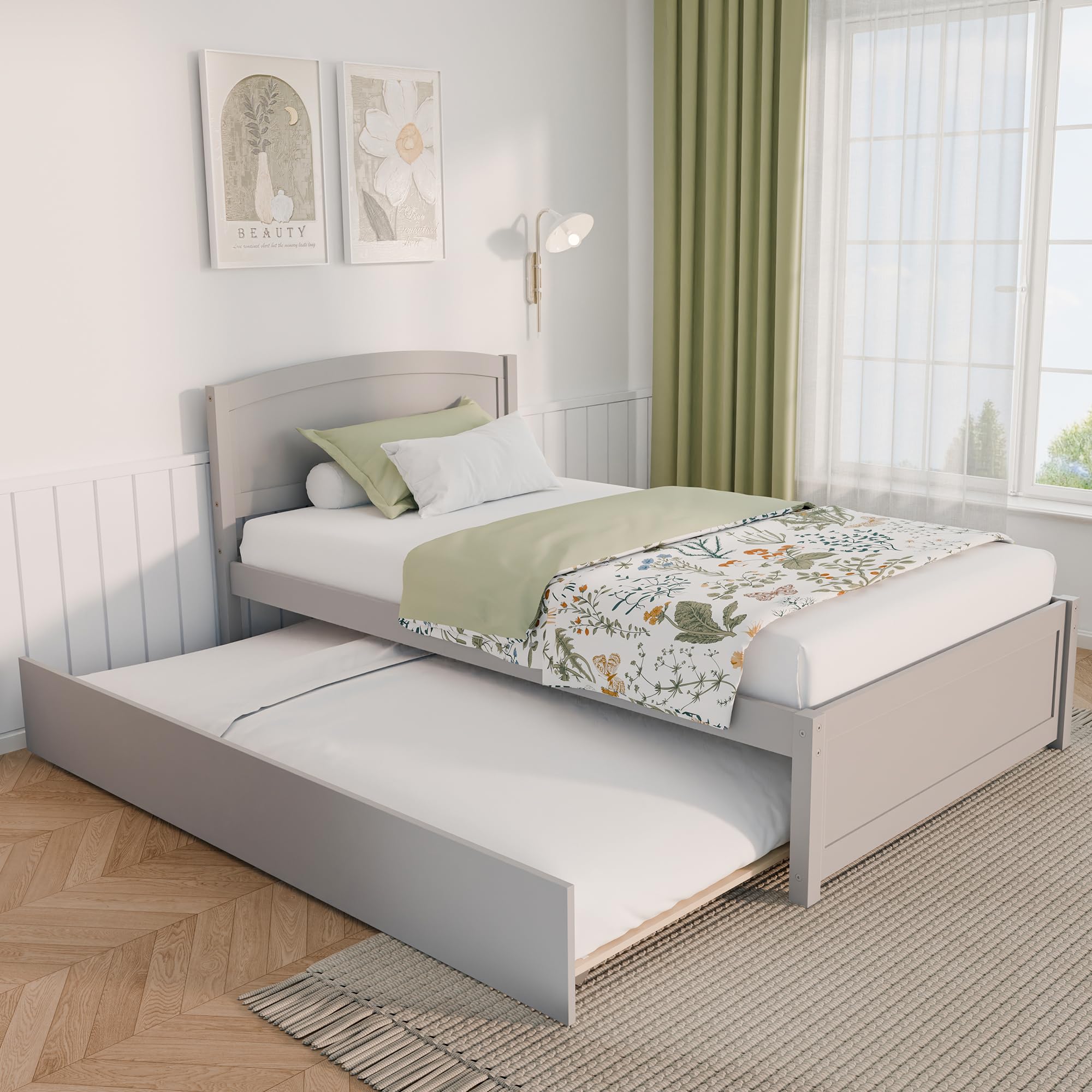 Solid Wood Twin Trundle Bed Frame with Headboard & Wooden Slats - No Box Spring Needed, Grey | Space-Saving Guest Bed, Kids Room, Small Apartments & Dorm Rooms