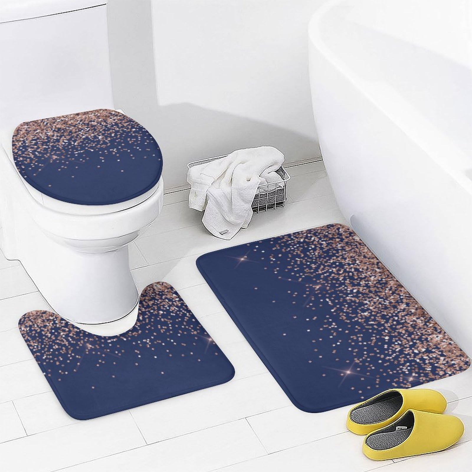 Blush Pink Rose Gold Navy Blue Glitter Shower Curtain Set - 4 Piece Bathroom Decor with Non-Slip U-Shaped Rug & Toilet Cover | Elegant Waterproof Bathroom Accessories for Modern Homes