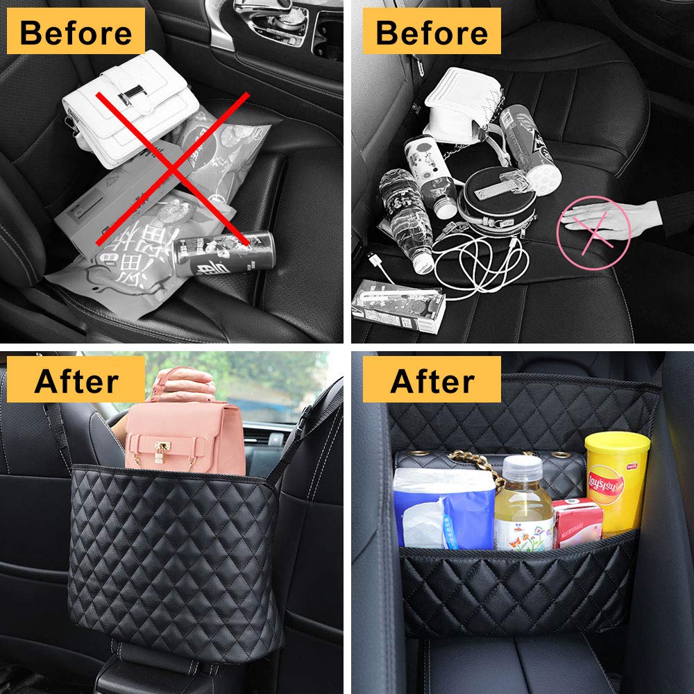 QBUC Car Handbag Holder - Premium Leather Seat Back Organizer with Large Mesh Storage Pockets, Backseat Barrier for Pets & Kids - Perfect for Purse, Phone, and Essentials Storage - Ideal for Road Trips, Commuting, and Family Travel