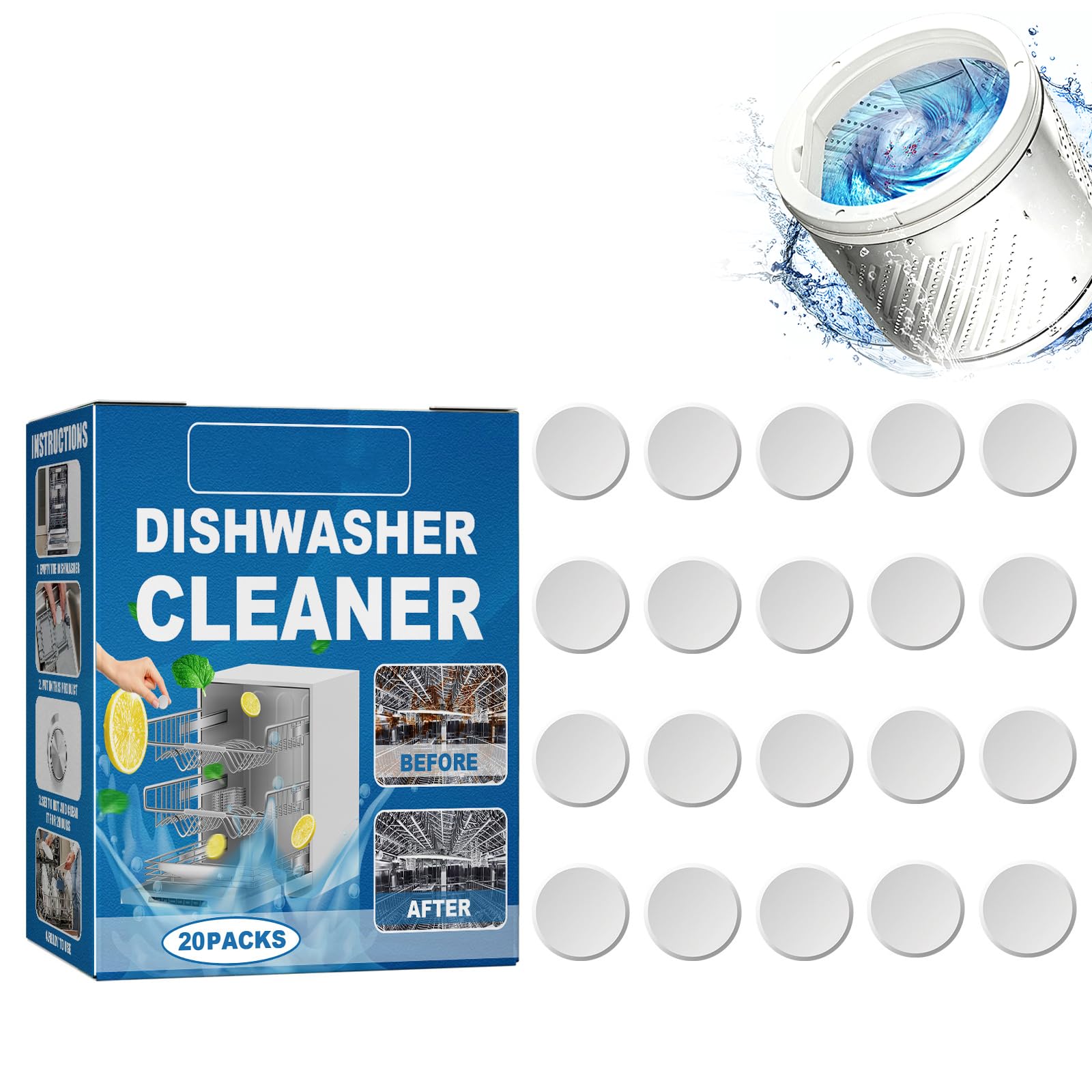 Nmbol Dishwasher Cleaning Tablets - 20 Count | Deep Stain Remover & Deodorizer | Powerful Dishwasher Detergent for Sparkling Clean Dishes | Perfect for Kitchen, Restaurant & Home Use