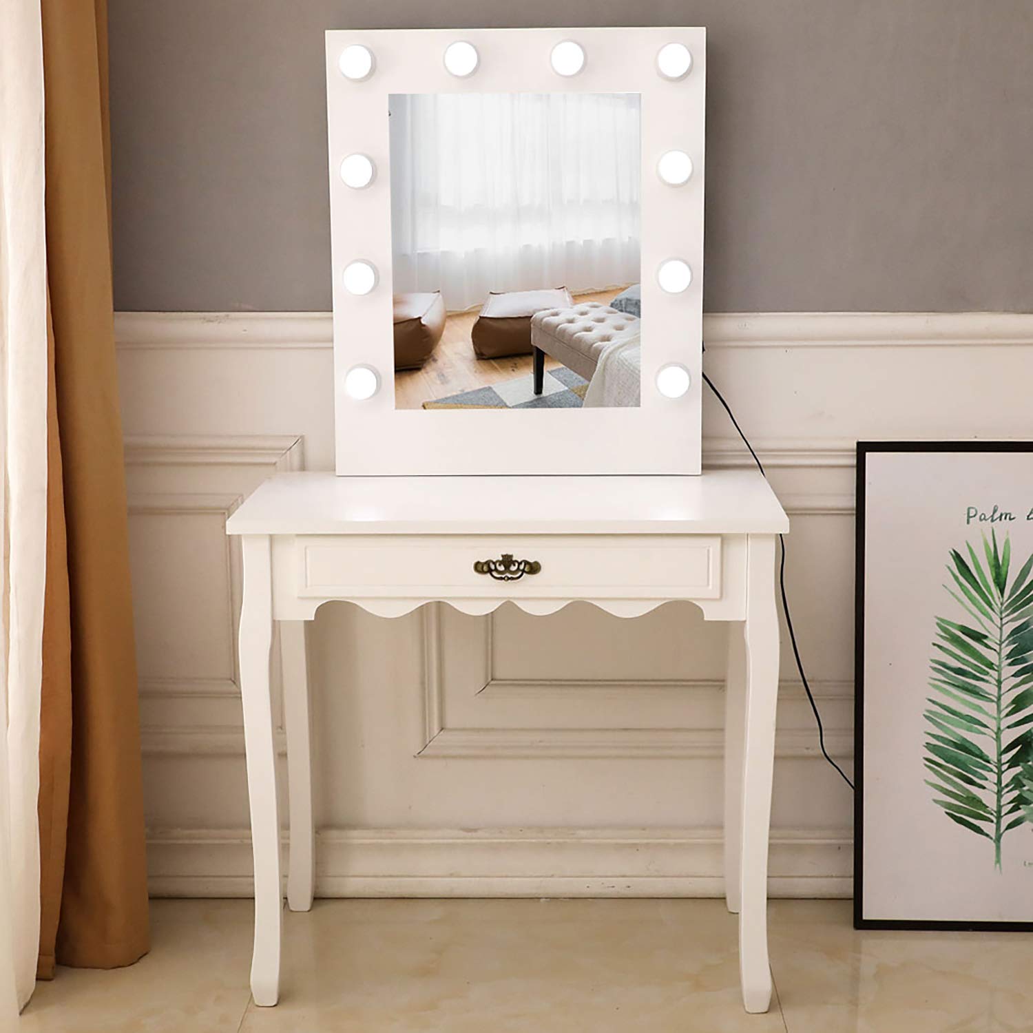 Vanity Mirror with Lights and Table Set with Drawers - LED Makeup Mirror Desk with Bulb, White Light Dressing Table for Bedroom & Bathroom | Perfect for Makeup, Skincare & Hair Styling