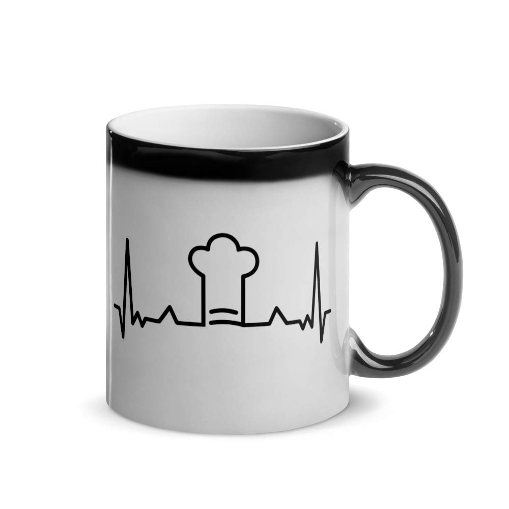 Professional Chef Hat & Magic Mug Set - Heartbeat Design Glossy Black Coffee Cup - Perfect for Cooking Enthusiasts & Food Lovers - Ideal Gift for Chefs, Bakers & Coffee Drinkers