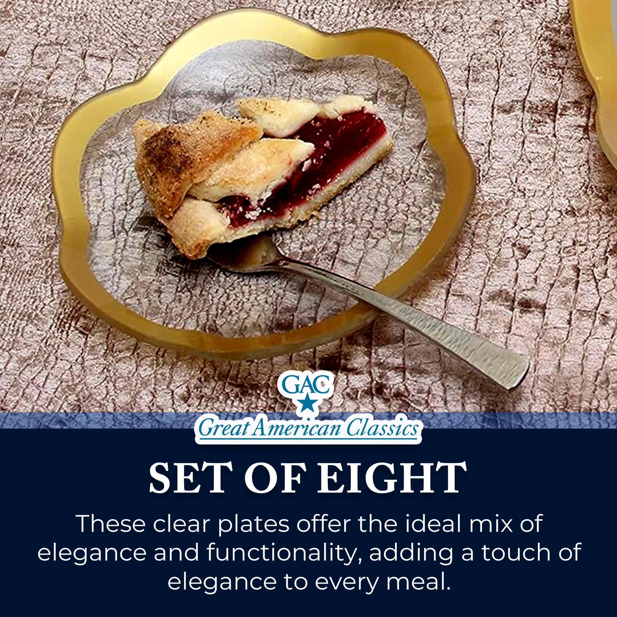 GAC Scalloped Tempered Glass Round Dessert Plates - 8-Piece Set of 6-Inch Elegant Gold Trim Plates, Microwave & Oven Safe for Cakes, Pastries, Appetizers - Perfect for Dinner Parties, Weddings, and Holiday Entertaining