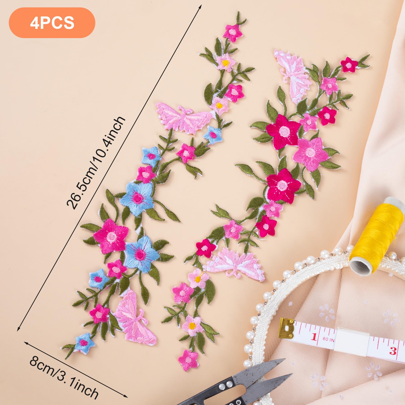 CHANZET 4pcs Butterfly Flower Iron On Patches - Embroidered Floral Applique for Clothes, Dresses & DIY Crafts | Perfect for Jackets, Jeans, Bags & Home Decor