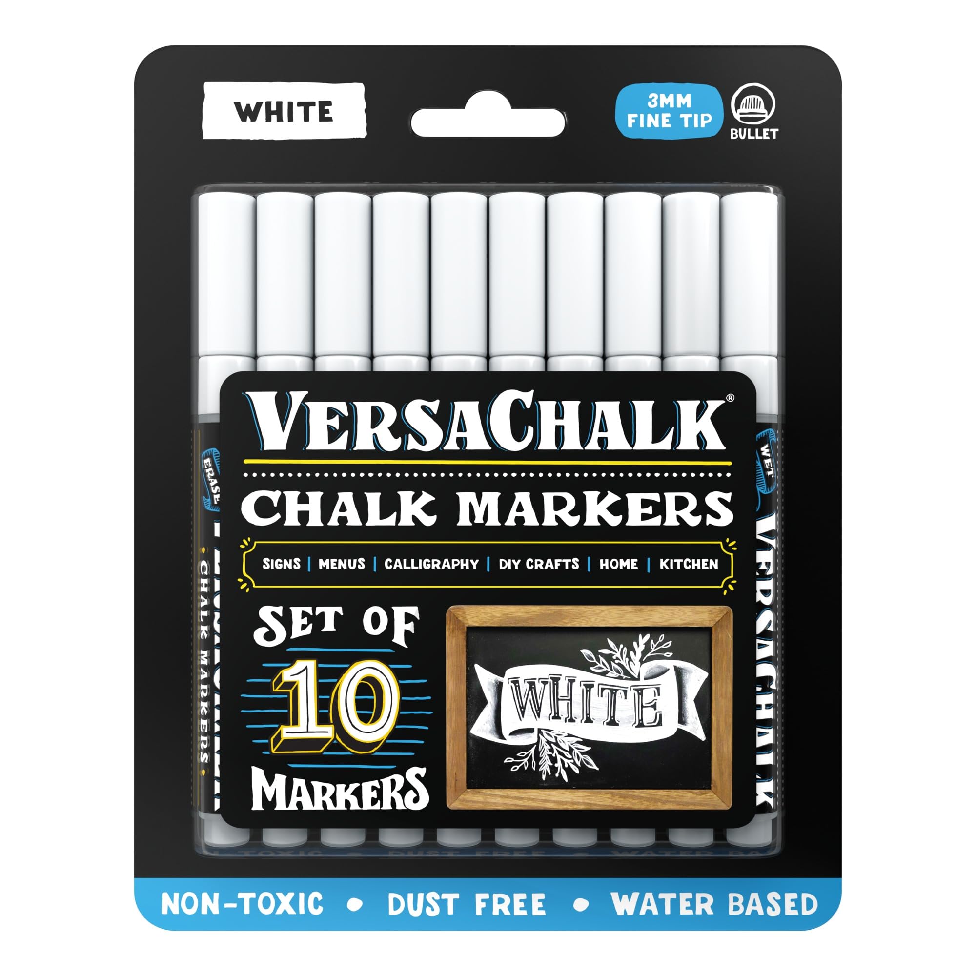 VersaChalk White Liquid Chalk Markers - 10 Pack Fine Tip (3mm) Erasable Washable Chalkboard Pens for Blackboards, Windows, Glass & Non-Porous Surfaces - Perfect for Restaurant Menus, Classroom Teaching & DIY Home Decor