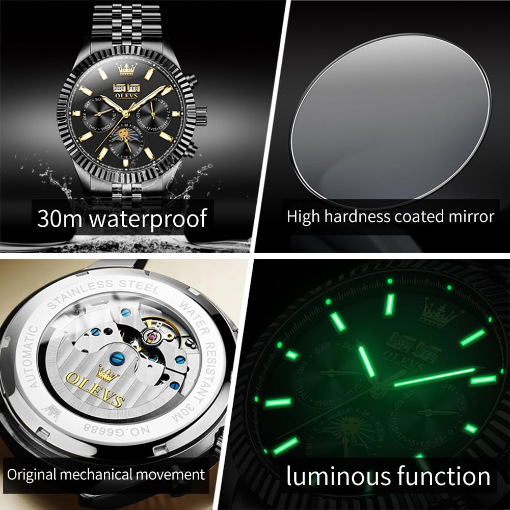 OLEVS Automatic Luxury Men's Watch - Classic Dress Watch with Moon Phase, Date, Luminous & Waterproof - Self Winding Mechanical Watch for Business, Formal & Everyday Wear