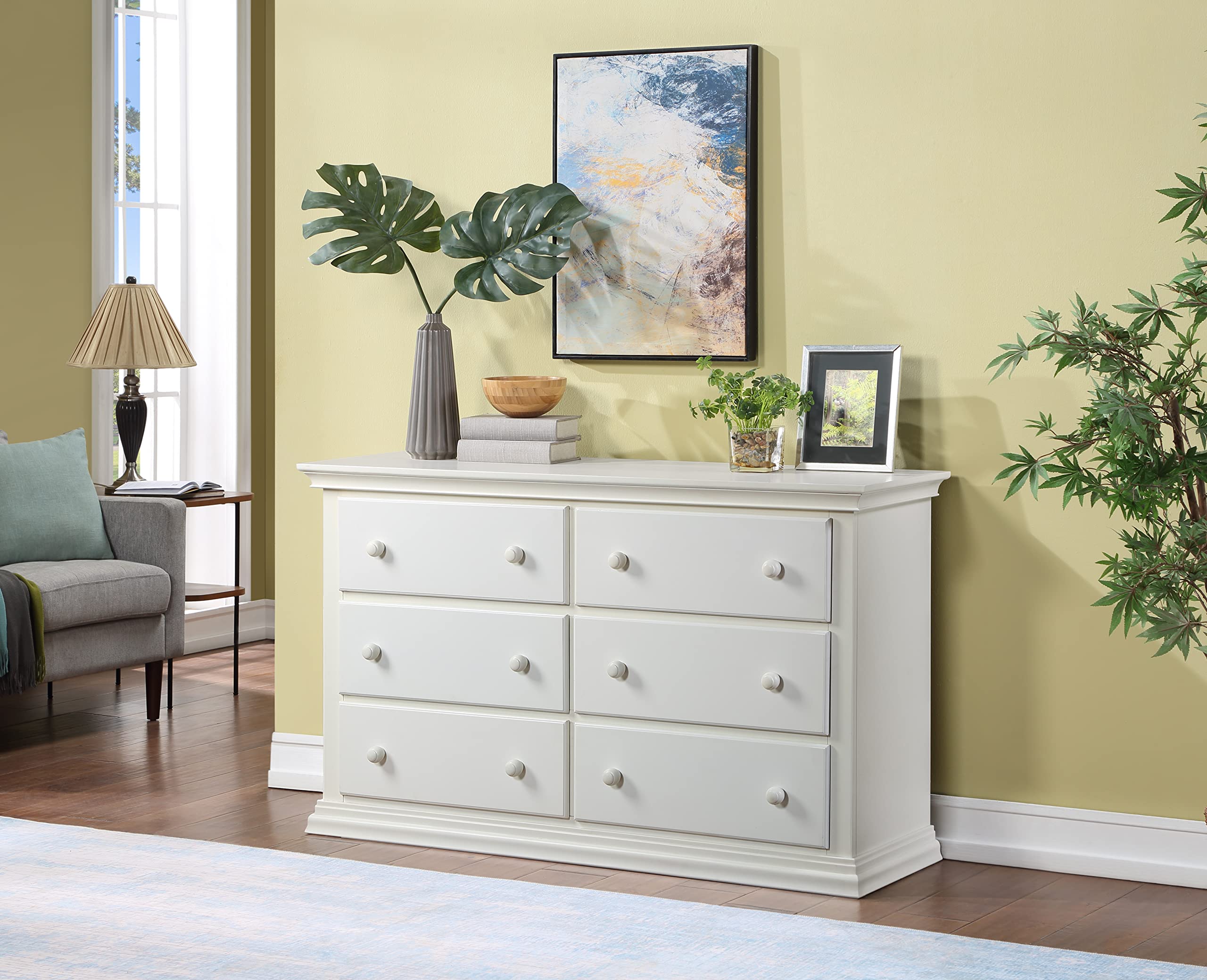 Universal White Hardwood Double Dresser for Nursery & Bedroom - 6 Spacious Drawers with Anti-Tip Kit | Sturdy Wooden Baby Furniture for Storage & Organization | Perfect for Kids' Room, Guest Bedroom & Nursery Decor