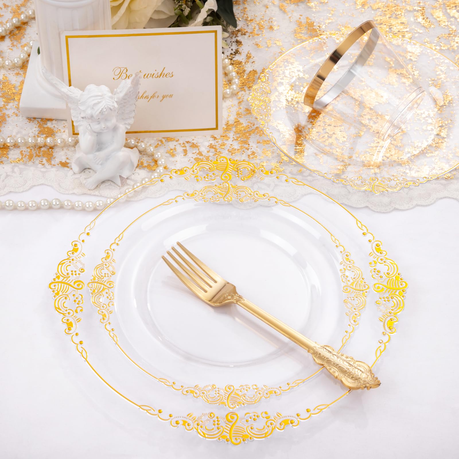 175PCS Clear Gold Plastic Plates Disposable - Elegant Party Dinnerware Set for 25 Guests (50 Plates, 75 Silverware, 25 Cups, 25 Napkins) - Perfect for Weddings, Birthday Parties & Special Events