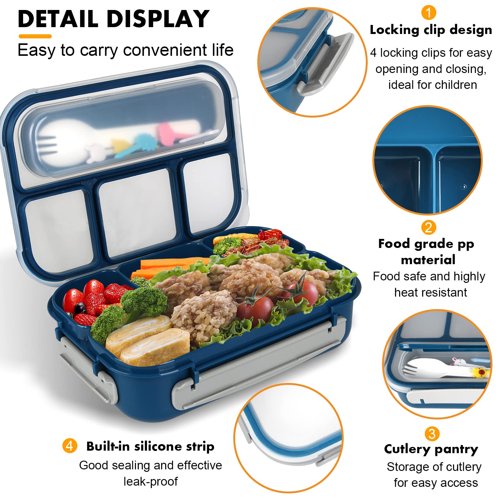 **1300ML Bento Box for Adults & Kids - 4 Compartment Leak-Proof Lunch Box with Food Picks & Cake Cups - Microwave, Dishwasher & Freezer Safe (Blue) - Ideal for School, Office, Picnics & Meal Prep**