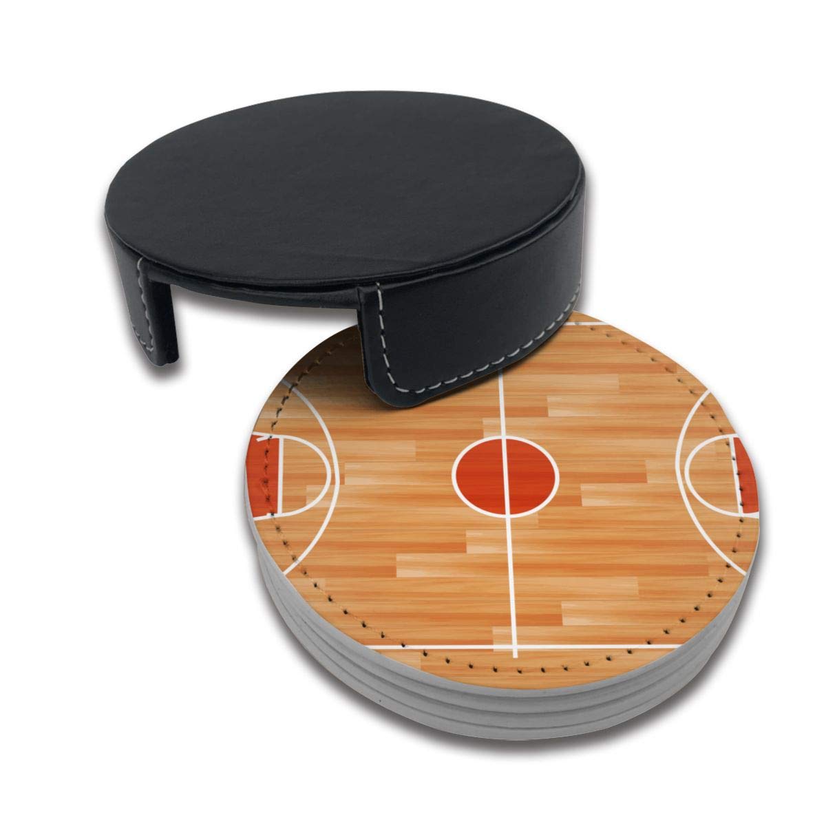 Premium Basketball Court Design Drink Coasters with Holder - Set of 6 Non-Slip Cup Protectors for Beer, Wine & Coffee - Perfect for Game Nights, Sports Bars & Man Cave Decor
