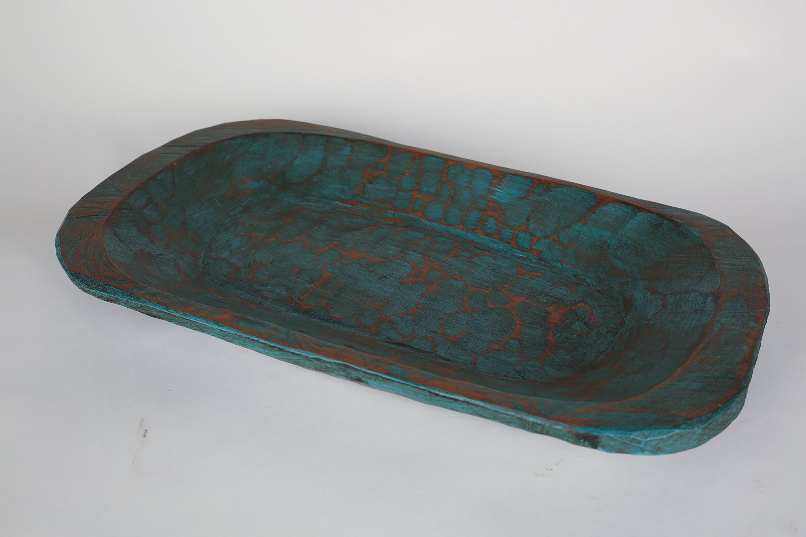 Rustic Wooden Dough Bowl - Handcrafted Batea Serving Tray in Turquoise - Perfect for Bread, Fruit Display, and Farmhouse Table Decor