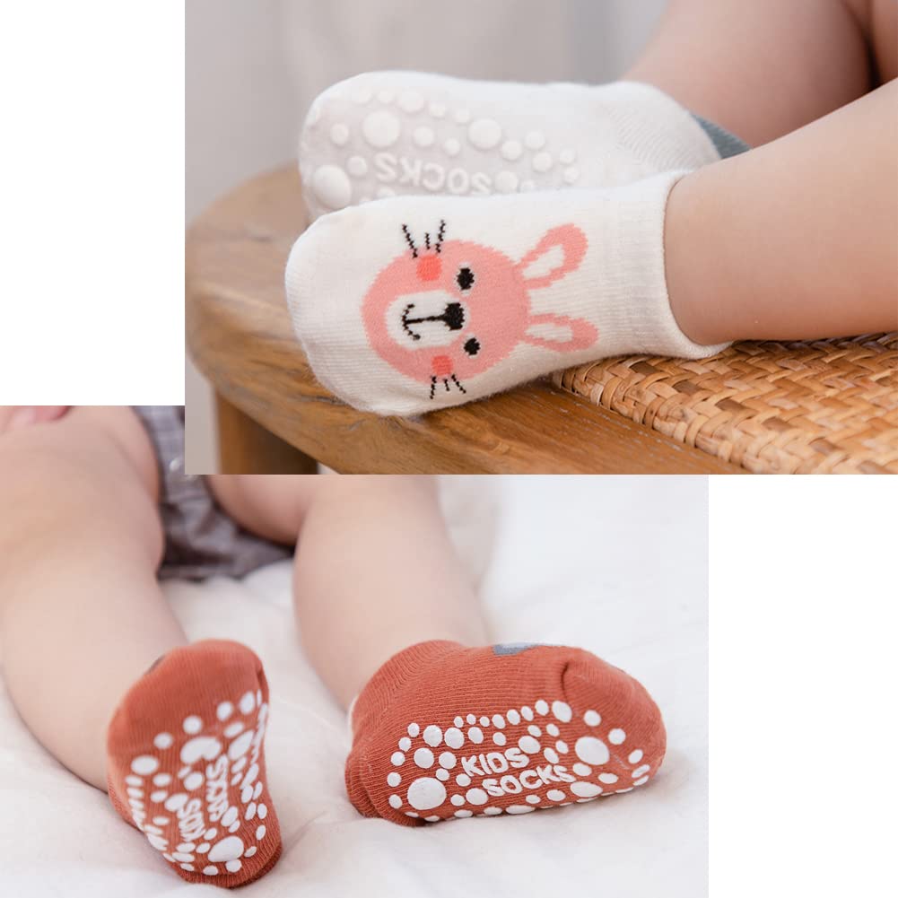 Exemaba Baby Non-Slip Grips Ankle Socks - 5 Pairs Toddler Cartoon Anti-Skid Socks for Boys & Girls - Soft Cotton Socks for Crawling, Walking & Playtime