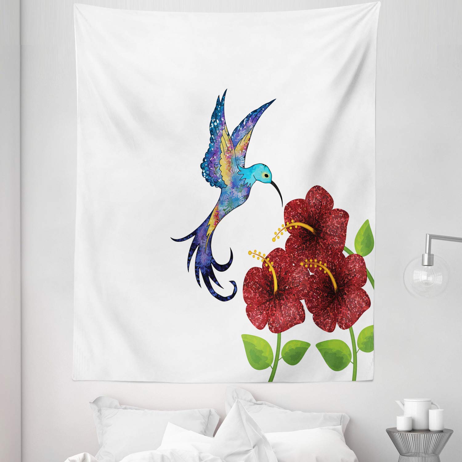Ambesonne Hummingbird Tapestry - Twin Size Wall Hanging with Flower Garden Fantasy Design, 68x88 Inches Burgundy Green - Perfect for Bedroom Decor, Dorm Room, or Bohemian Living Room Wall Art