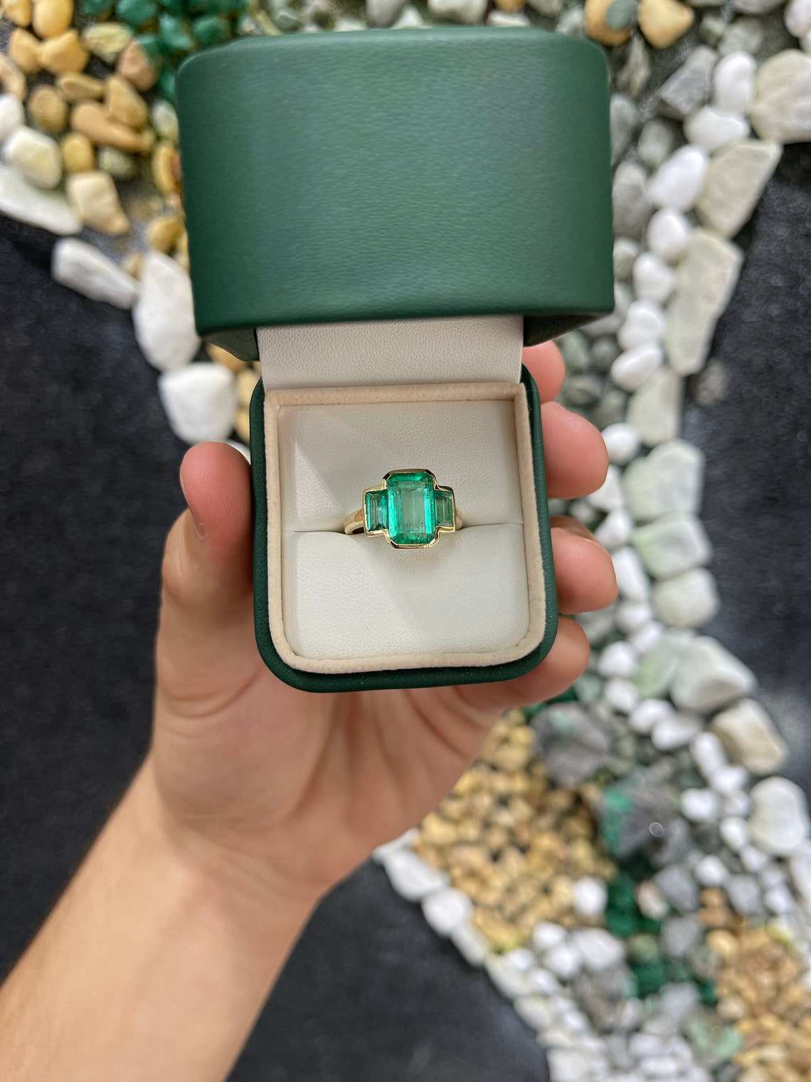 5.13tcw Three Stone Muzo Colombian Emerald 18K Yellow Gold Ring - Elegant Jewelry for Weddings, Anniversaries & Special Occasions