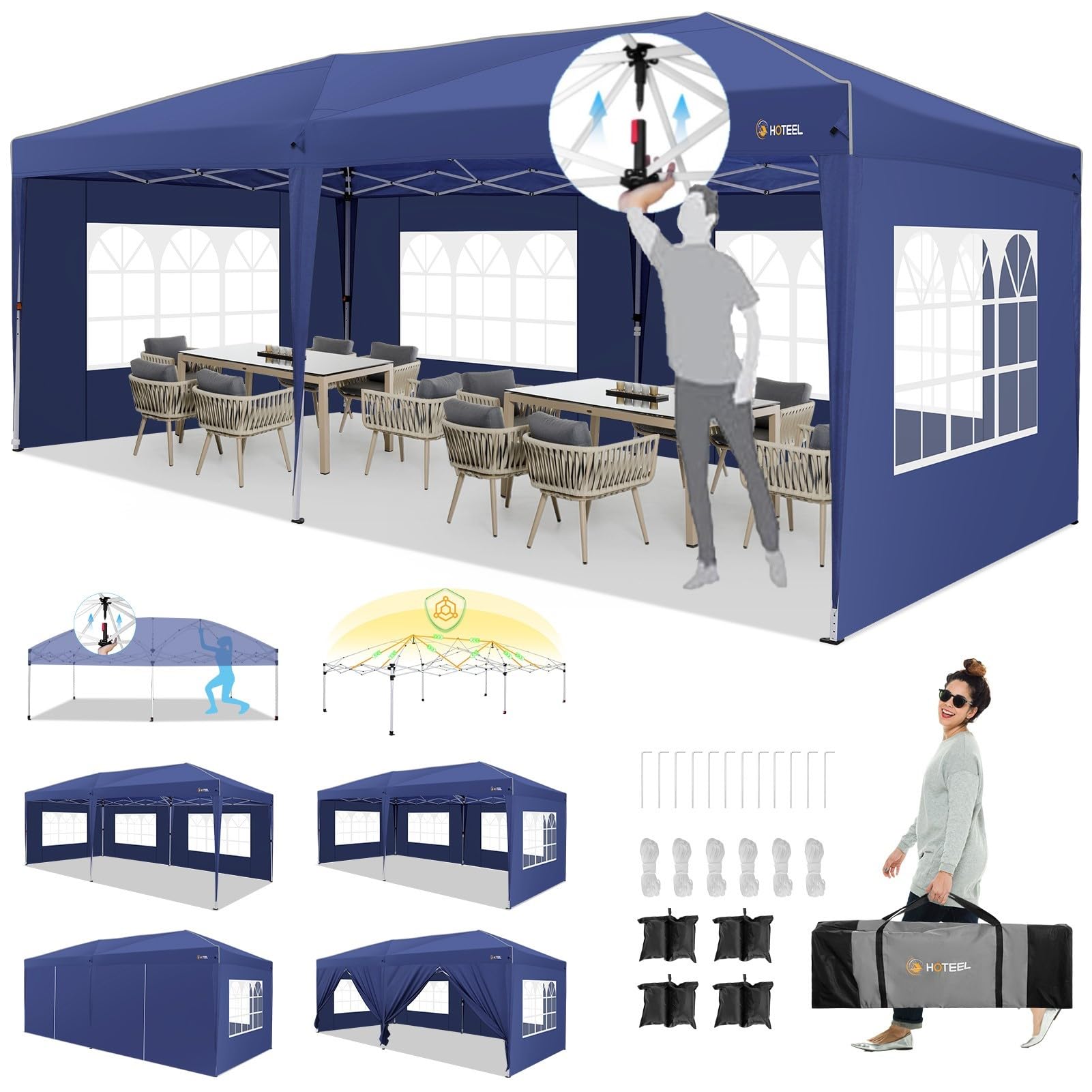 HOTEEL 10x20 Pop Up Canopy Tent with Sidewalls - Waterproof Instant Shelter for Outdoor Events, Easy One-Push Setup with Reinforced Poles & Sandbags - Perfect for Backyard Parties, Camping, Farmers Markets, Festivals (Navy Blue)