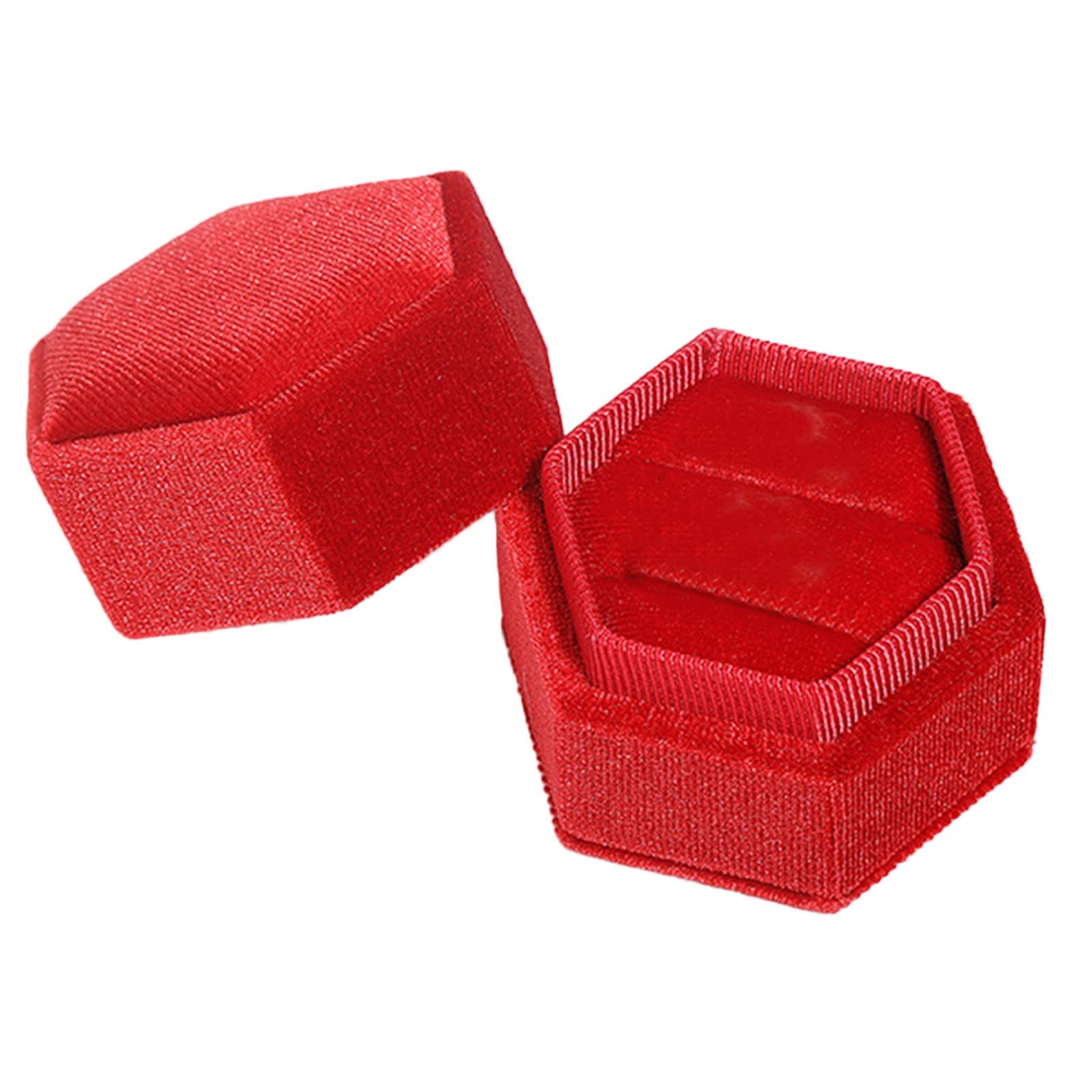 Antique Velvet Hexagon Double Ring Box - Premium Vintage Jewelry Holder for Proposal, Engagement & Wedding - Elegant Dresser Display for Photoshoots & Special Occasions (Red, One Size)