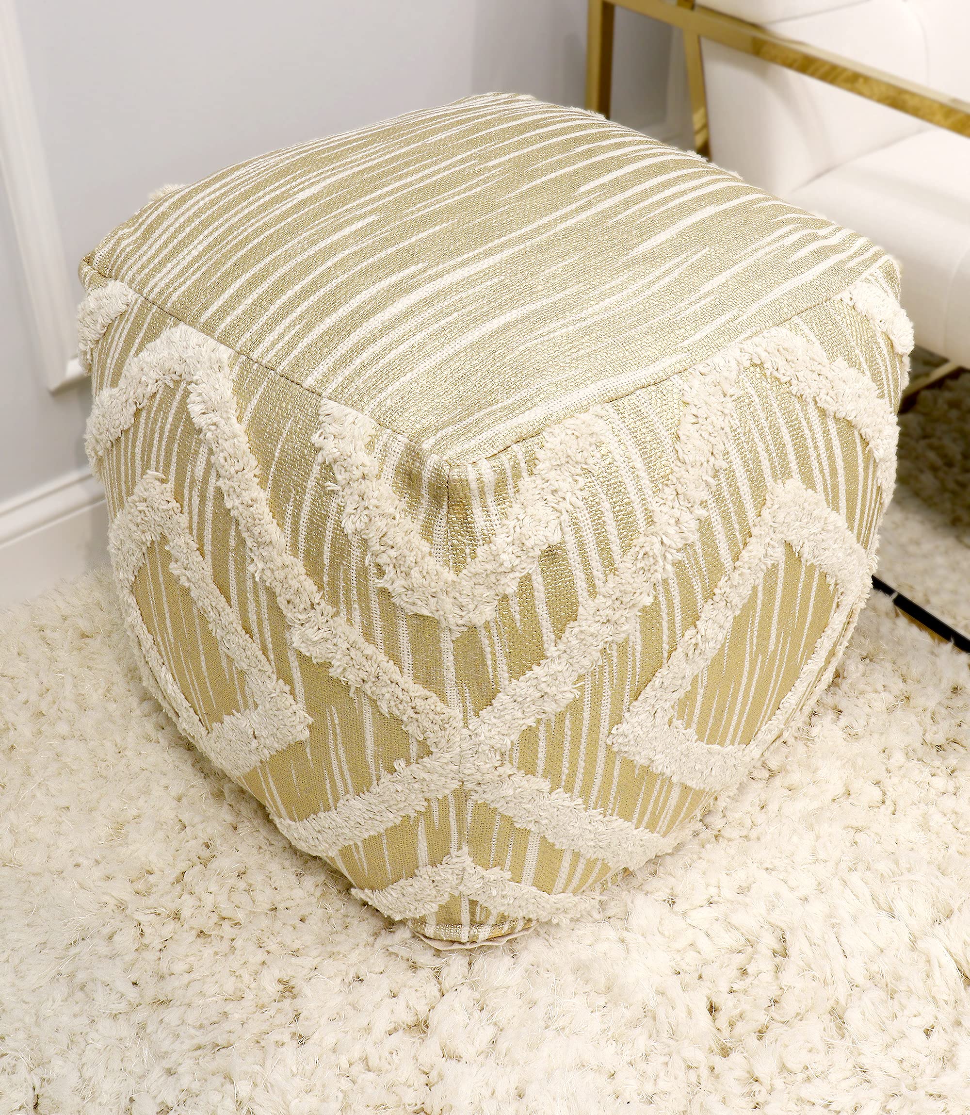 Pasargad Home Grand Canyon Cotton Pouf Ottoman - Ivory White Boho Floor Cushion for Living Room, Bedroom & Nursery - Cozy Seating & Footrest for Home Decor