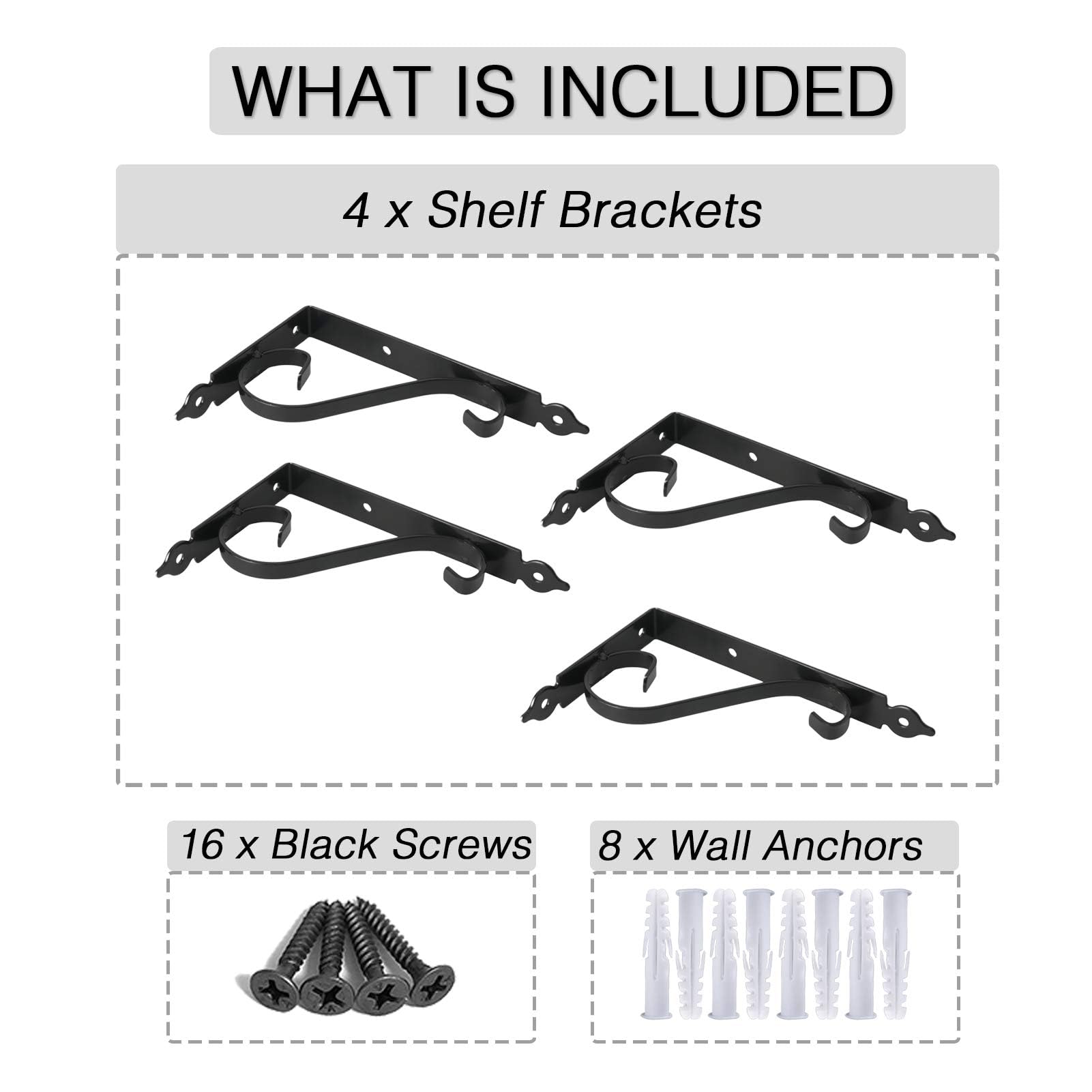 OVOV 4 Pack 6 Inch Black Metal Floating Shelf Brackets - Heavy Duty L-Shaped Wall Mounted Shelving Supports for Home Office, Kitchen & Bathroom Storage