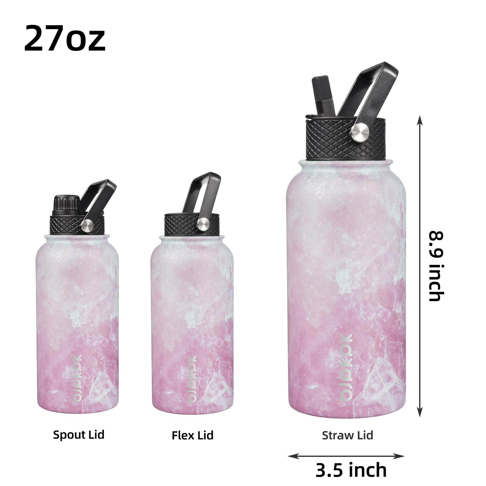 BJPKPK 27oz Insulated Stainless Steel Water Bottle with Straw Lid - 3 Lids Included, Leak Proof, BPA Free, Keeps Drinks Cold/Hot for 24 Hours - Perfect for Gym, Hiking, Office & School (Blossom Design)
