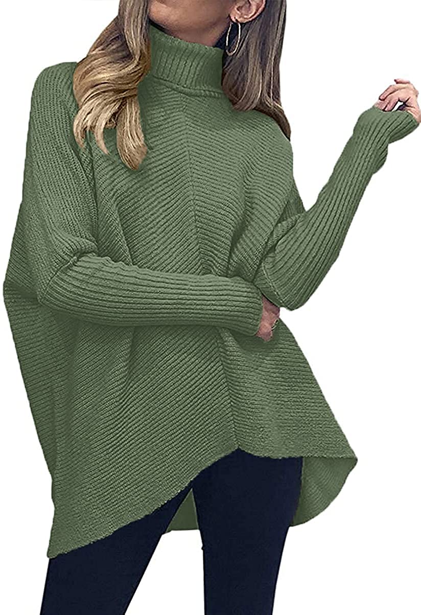 Women's Turtleneck Long Sleeve Batwing Pullover Sweater - Asymmetric Hem Knit Top for Casual Wear | Office, Date Night & Fall Outfits